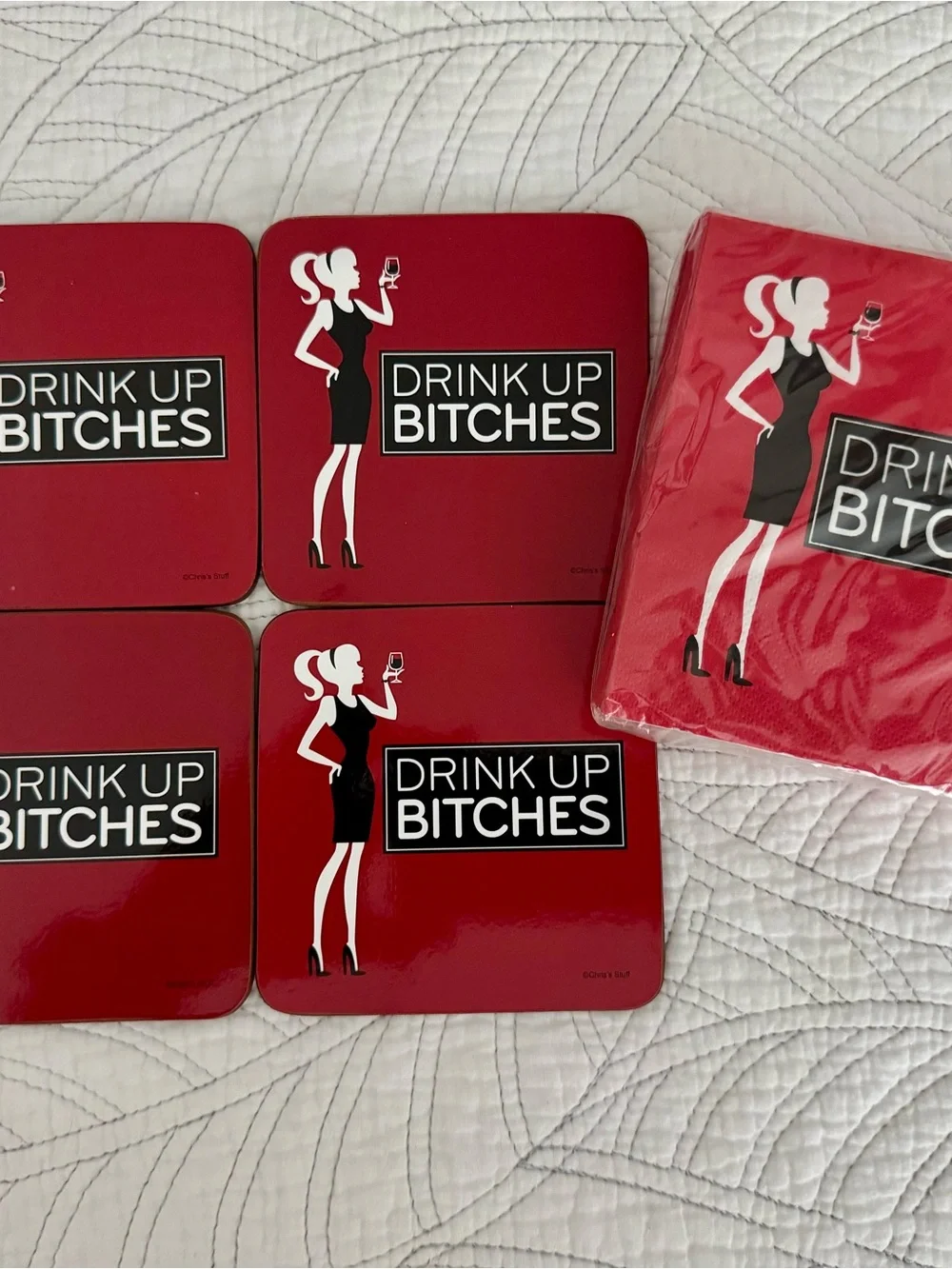 Red 'Drink Up Bitches' Party Coaster & Napkin Set